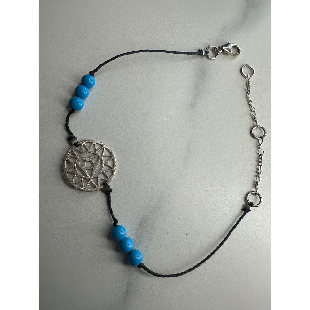 Sterling Silver 925 Turquoise Bead Mandala Geometric Cord Bracelet Adjustable
